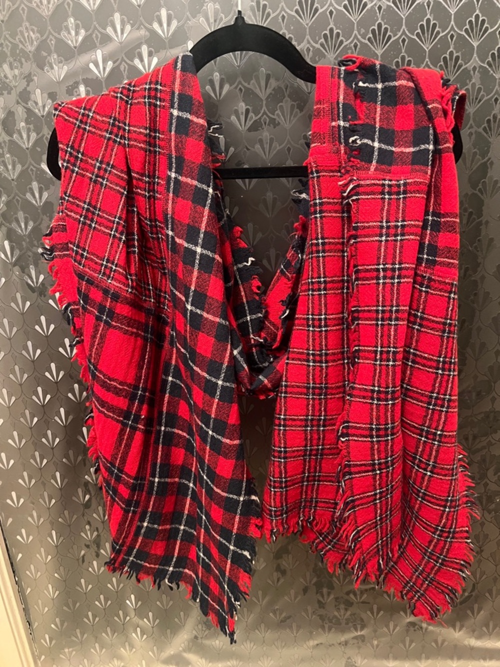 Madewell Red and Black Plaid Fringe Wrap Scarf